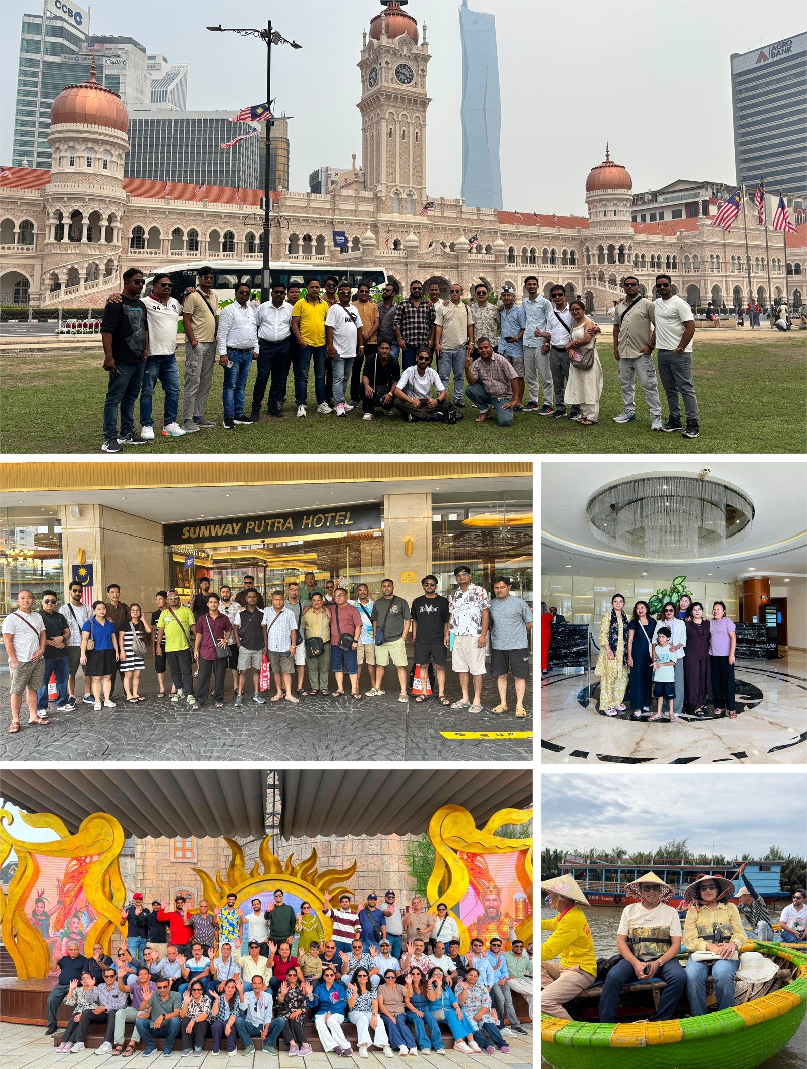 Collage of House of Vacation groups: Merdeka Square in Kuala Lumpur, the Sunway Putra Hotel, a themed venue, a Dubai hotel lobby and a basket boat in Hoi An